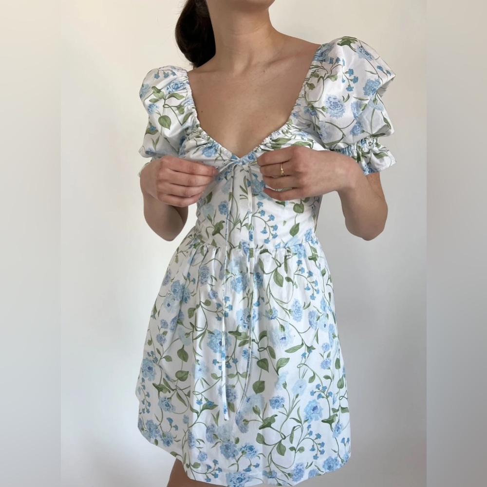 Hill House Ophelia Mini Dress - Blue Peony Bouquet Cotton Sateen